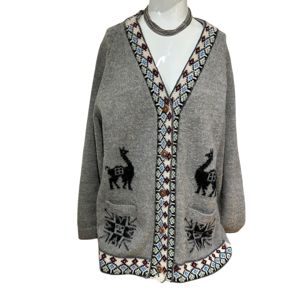 Vtg Handmade Llama Cardigan Sweater Made in‎ Bolivia Folk Knit Gray Alpaca sz L